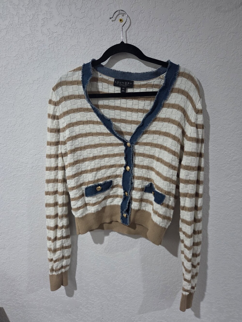 Laundry by Shelli Segal Cream & Tan Striped Knit Cardigan with Blue Trim Size L